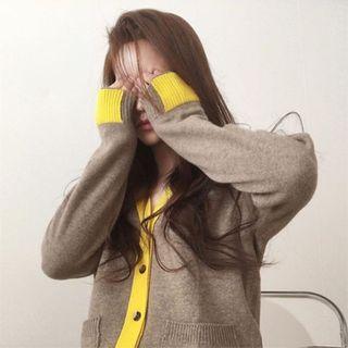 Contrast Trim Cardigan Khaki & Yellow - One Size