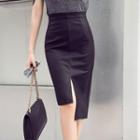 Faux Leather Slit Front Pencil Skirt