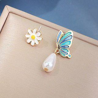 Non-matching Faux Pearl Alloy Butterfly & Flower Dangle Earring A294 - Blue & White - One Size