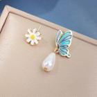 Non-matching Faux Pearl Alloy Butterfly & Flower Dangle Earring A294 - Blue & White - One Size