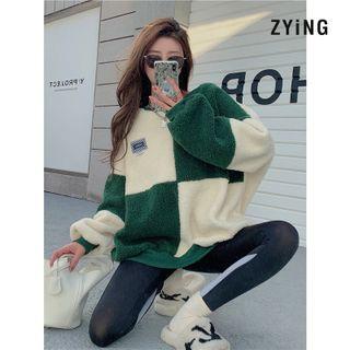 Checkerboard Fleece Sweatshirt 2162 - Green & Off-white - One Size