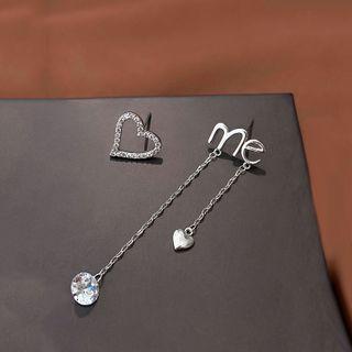 Heart & Me Lettering Rhinestone Asymmetrical Sterling Silver Earring 1 Pair - Asymmetric - Silver - One Size