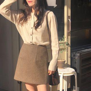 Set: Plain Cardigan + Herringbone A-line Skirt