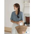 Open-placket Puff-shoulder Blouse