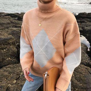 High-waist Argyle Color Panel Knit Sweater