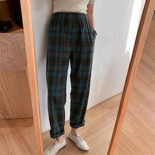 Band-waist Straight-cut Plaid Pants