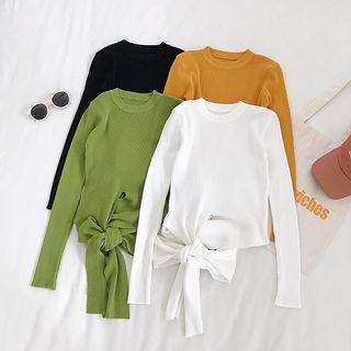 Plain Tie-waist Long-sleeve Knit Top
