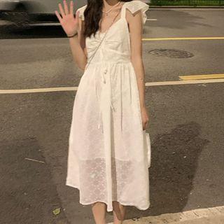 Sleeveless Frill Trim Midi A-line Eyelet Lace Dress