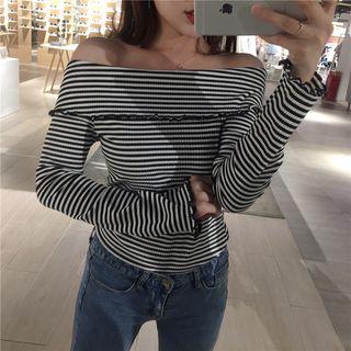 Off-shoulder Frilled Striped Long-sleeve T-shirt