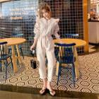 Frill-trim Drawstring-waist Jumpsuit Beige - One Size