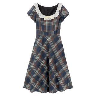 Short-sleeve Square-neck Lace Trim Plaid Dress