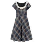 Short-sleeve Square-neck Lace Trim Plaid Dress
