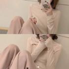 Set: Turtleneck Long-sleeve T-shirt + Wide Leg Pants + Cardigan