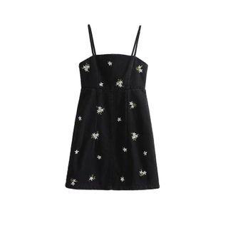 Spaghetti-strap Floral Embroidered Denim Mini A-line Dress