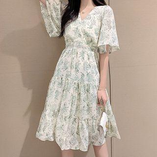 Short-sleeve Tiered Floral Print Chiffon A-line Midi Dress