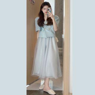 Puff-sleeve Double-breasted Blazer / Midi A-line Mesh Skirt