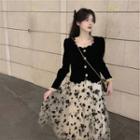 Ruffled Jacket / Floral Print Midi A-line Skirt