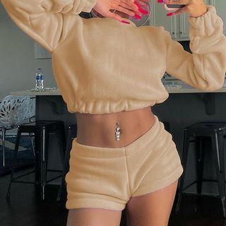 Set: Plain Long Sleeve Sweater + Low-rise Shorts