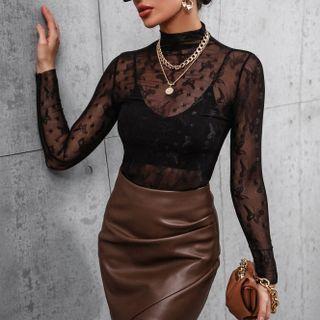 Butterfly Embroidered Long-sleeve Lace See-through Shirt