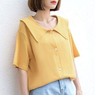 Elbow-sleeve Buttoned Wide Collar Top
