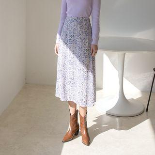 Zip-side Floral Long Flare Skirt Lavender - One Size