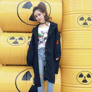 Heart Embroidered Hooded Long Denim Jacket