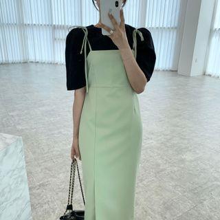 Puff-sleeve Blouse / Spaghetti Strap Midi Sheath Dress