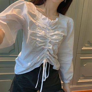 Drawstring Puff-sleeve Blouse White - One Size