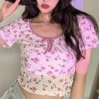 Short-sleeve Floral Print Crop Top Pink Floral - White - One Size