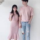 Couple Matching Set: Crew-neck Short-sleeve T-shirt + Ruffle Hem Pencil Skirt / Crew-neck Short-sleeve T-shirt