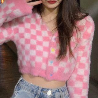 Checkered Cropped Cardigan Pink - One Size