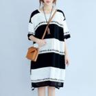 Striped Lettering Elbow Sleeve Midi Dress