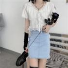 V-neck Lace Trim Tie-strap Cropped T-shirt