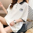 Letter Embroidered Collared Elbow-sleeve T-shirt