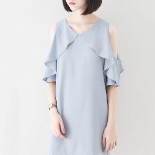 Frilled Open Shoulder Short-sleeve Chiffon Dress