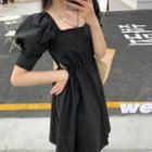 Short-sleeve Square-neck Midi A-line Dress Black - One Size