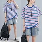 Striped Short-sleeve Asymmetric Hem T-shirt Stripes - Blue & Pink - One Size