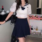 Short-sleeve Sailor Collar Top / A-line Skirt