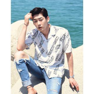 Open-placket Lettering-pattern Shirt