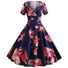 Short-sleeve V-neck Floral Printed A-line Dress