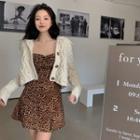Cropped Cable Knit Cardigan / Spaghetti Strap Leopard Print Mini A-line Dress