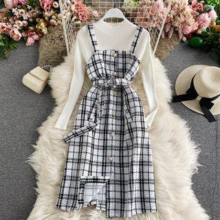 Set: Long-sleeve Top + Faux-pearl Button Gingham Jumper Dress