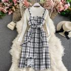 Set: Long-sleeve Top + Faux-pearl Button Gingham Jumper Dress