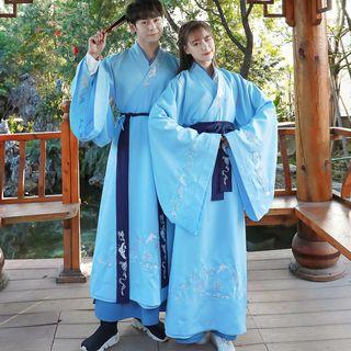 Couple Matching Long Coat / Sash / Long-sleeve Top / Maxi Skirt / Hair Tie / Hanfu Set