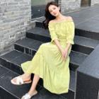 Short-sleeve Off-shoulder Frill Trim Midi A-line Dress