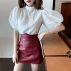Set: Puff-sleeve Lace Blouse + Faux-leather Skirt