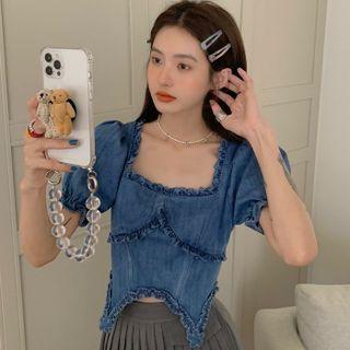 Puff-sleeve Ruffle Trim Asymmetrical Denim Crop Top Blue - One Size