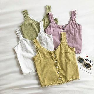 Plain Single-breasted Lace-trim Tank Top