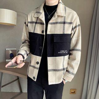 Lettering Print Plaid Cargo Jacket
