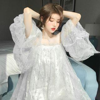3/4-sleeve Star Patterned Mesh A-line Mini Dress
